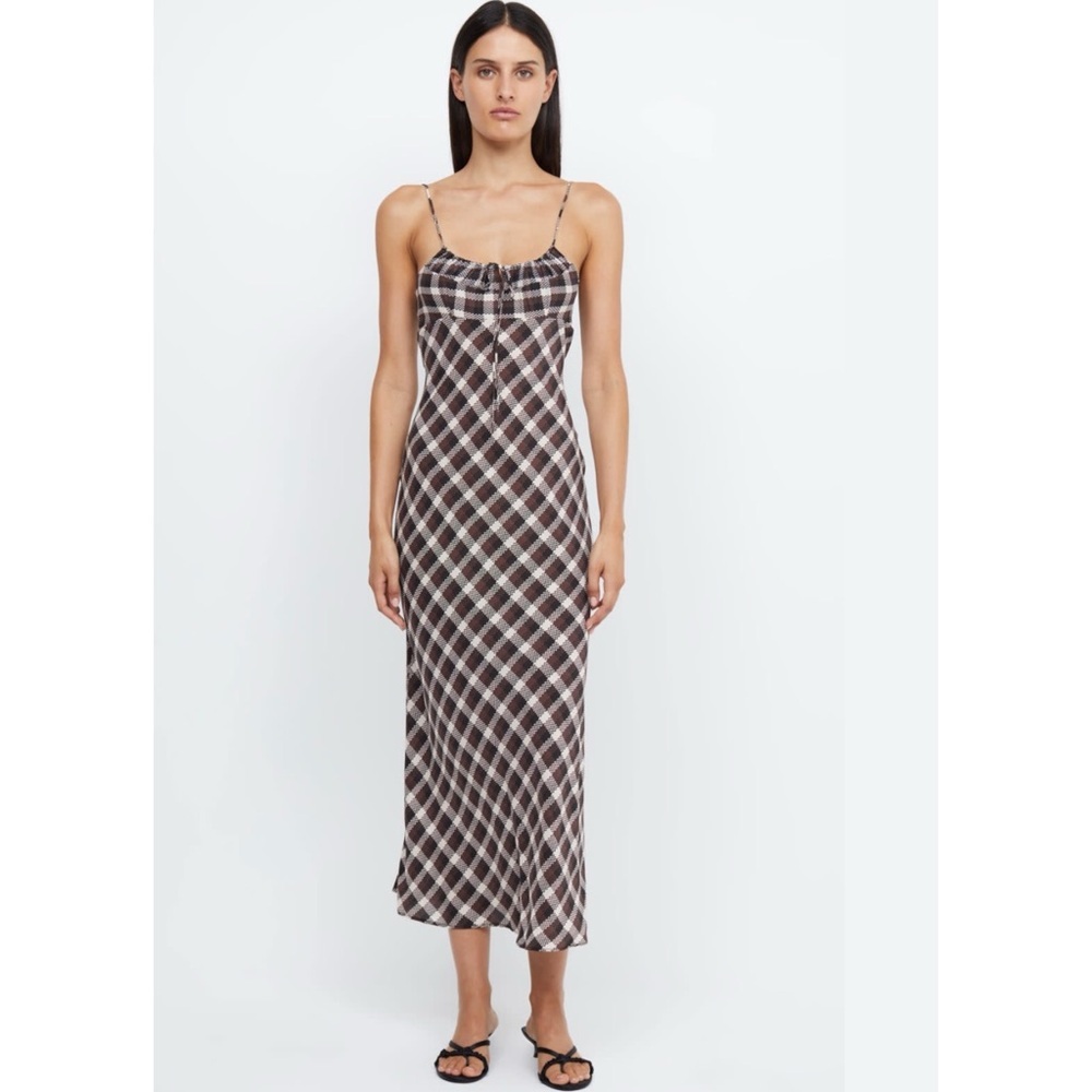 Bec + Bridge silk blend tie midi dress in basket weave check NEW